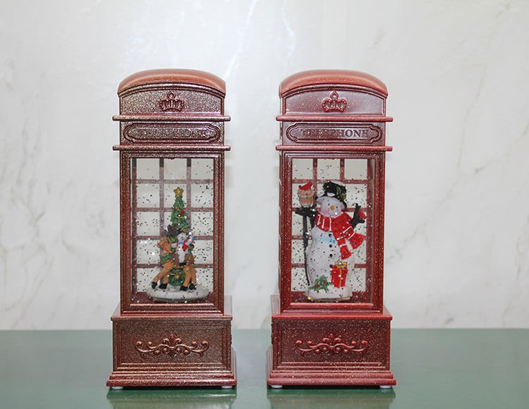 Telefon Kulübesi Tasarımlı Yılbaşı Temalı Işıklı Müzikli Kar Küresi Model 2