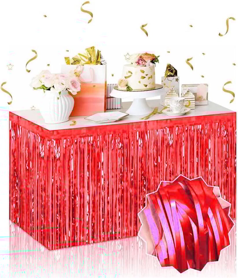 Kendinden Yapışkanlı Kırmızı Metalize Püsküllü Masa Eteği