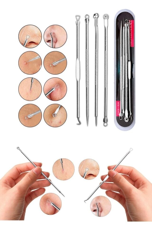 4 Parça Gümüş Komedon Iğne Akne Sivilce Siyah Nokta Seti Kutulu