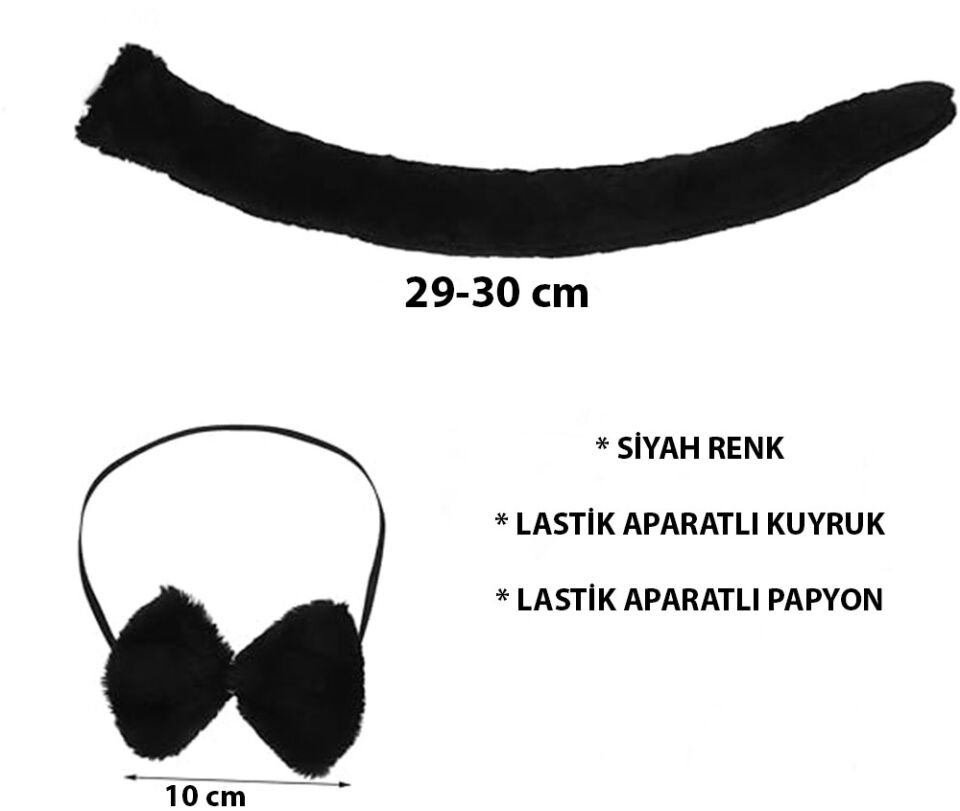 Peluş Siyah Renk Kuyruk ve Papyon Yetişkin Çocuk Uyumlu