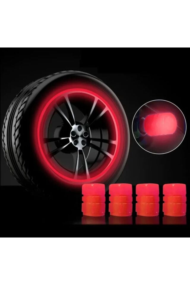 Fosforlu Floresan Led Yeşil Pilsiz Araba Motorsiklet Lastik Sibop Kapaği (4 Adet) KIRMIZI